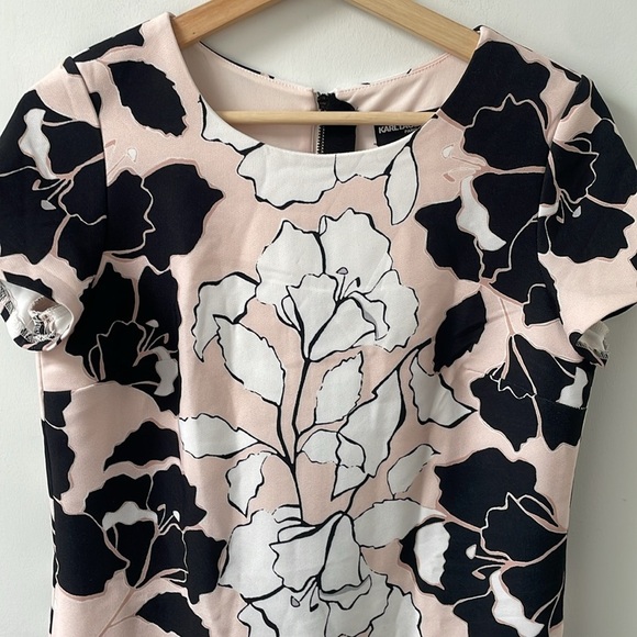 KARL LAGERFELD PARIS Floral-Print Shift Dress US2 short sleeve pink black white - Picture 4 of 14